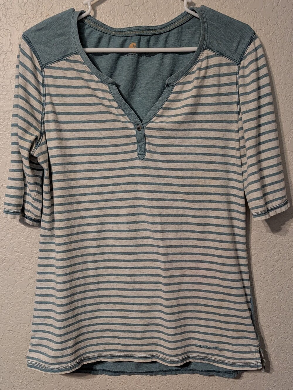 Carhartt Blue & Cream Stripe Button Half Sleeve Shirt, Size Small